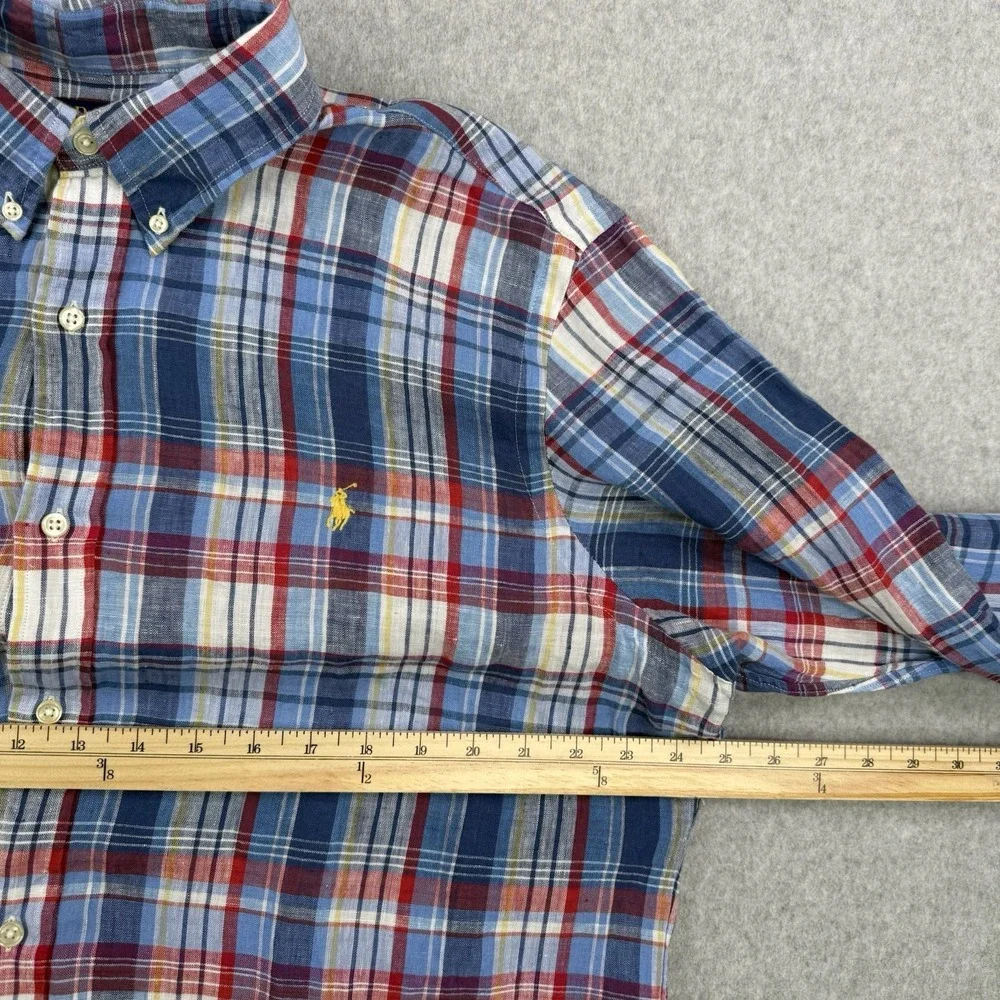 Polo Ralph Lauren Shirt Mens XL Blue Plaid Linen Preppy Button Down Long‎ Sleeve